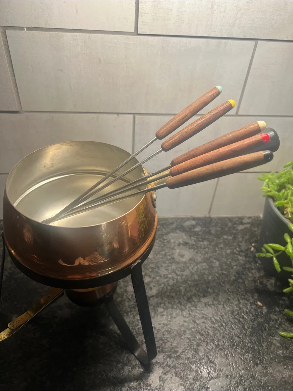 Copper Fondue Set with Wooden-Handled Forks - Copper
